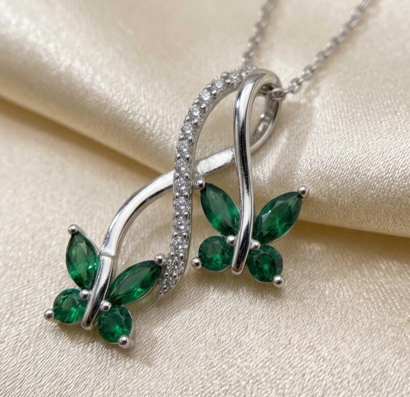 Emerald Butterfly Pendant Necklace - Eco-Friendly Sterling Silver Jewelry