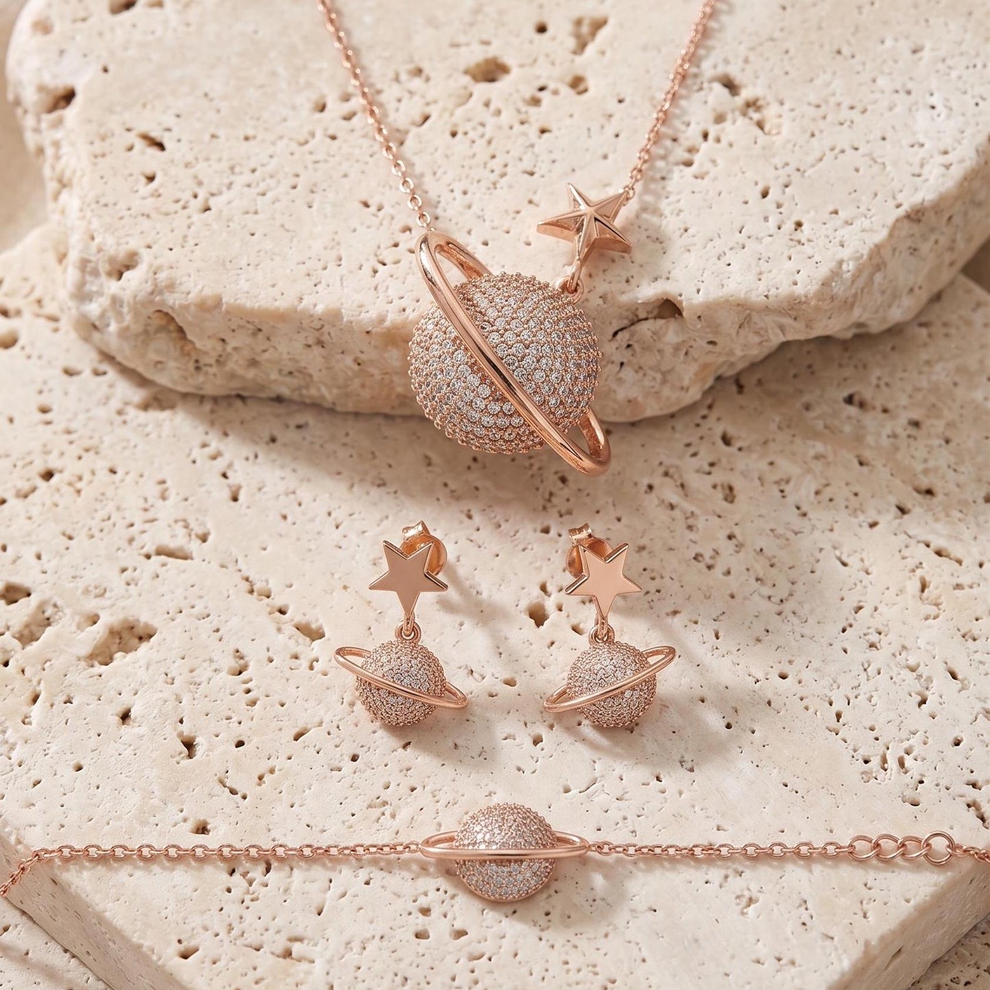Saturn Planet Necklace Set in Sterling Silver - Celestial Jewelry- Gift for Her