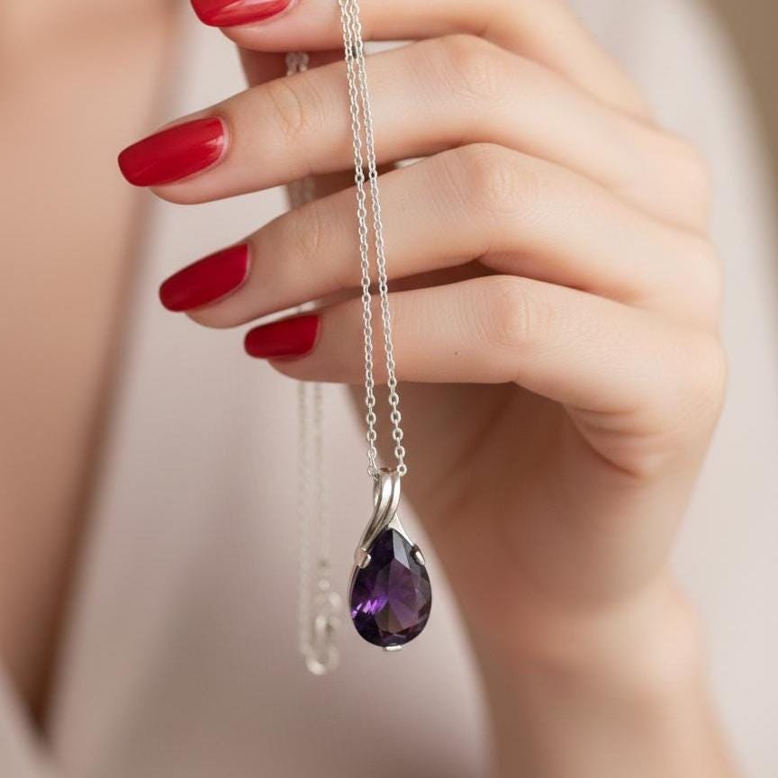 Dainty Amethyst Teardrop Necklace - February Birthstone Pendant