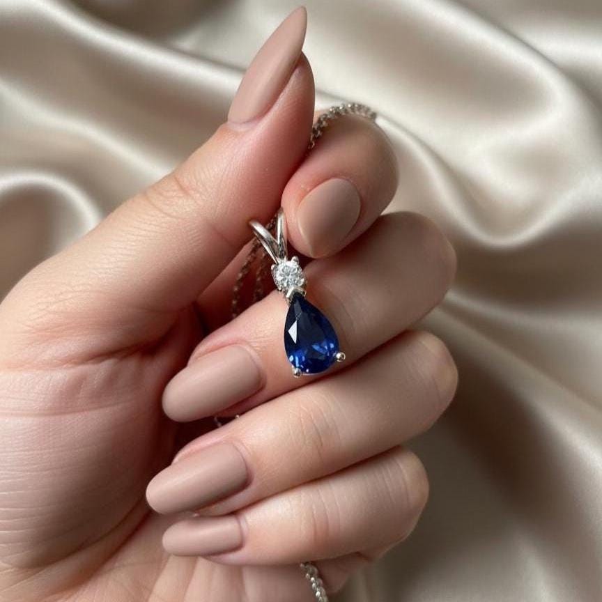 Sapphire Minimalist Necklace - September Birthstone Pendant - Dainty Jewelry -925 Sterling Silver
