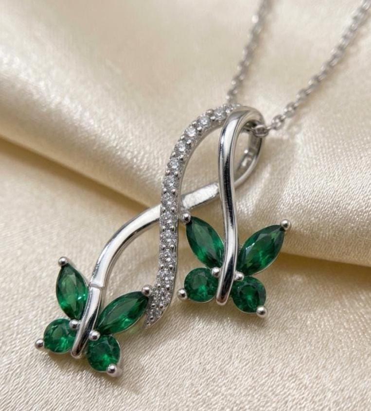 Emerald Butterfly Pendant Necklace - Eco-Friendly Sterling Silver Jewelry