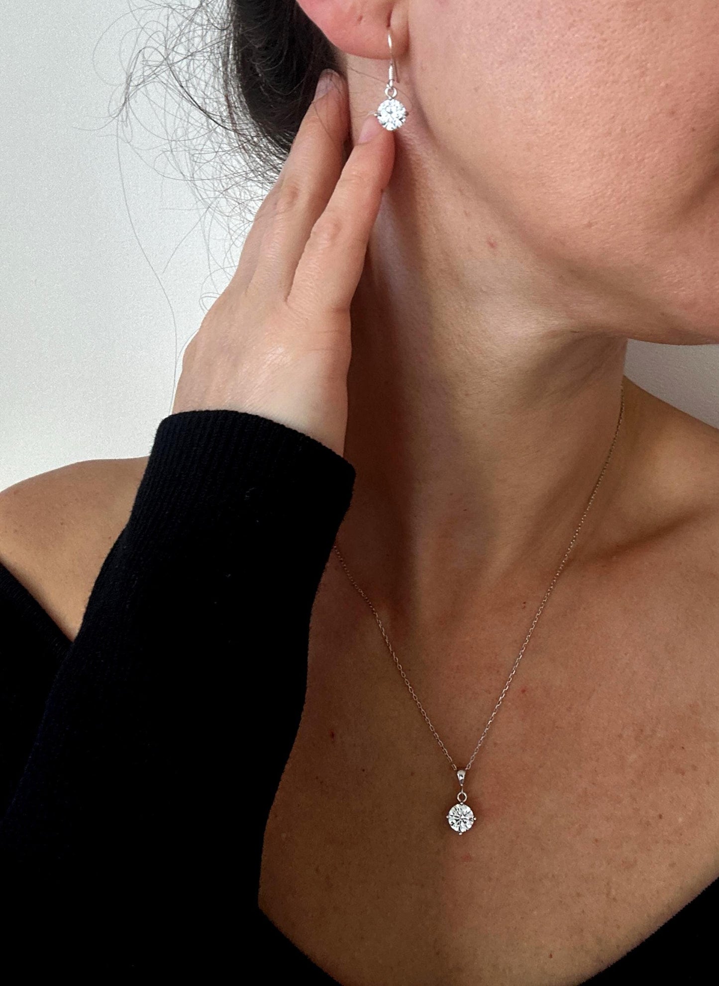 Cubic Zirconia Solitaire Necklace with Matching Sterling Silver Earrings Set