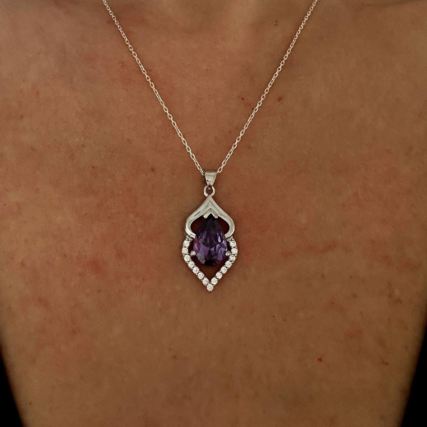 Pear Cut Amethyst Pendant Necklace in Sterling Silver - February Birthstone -