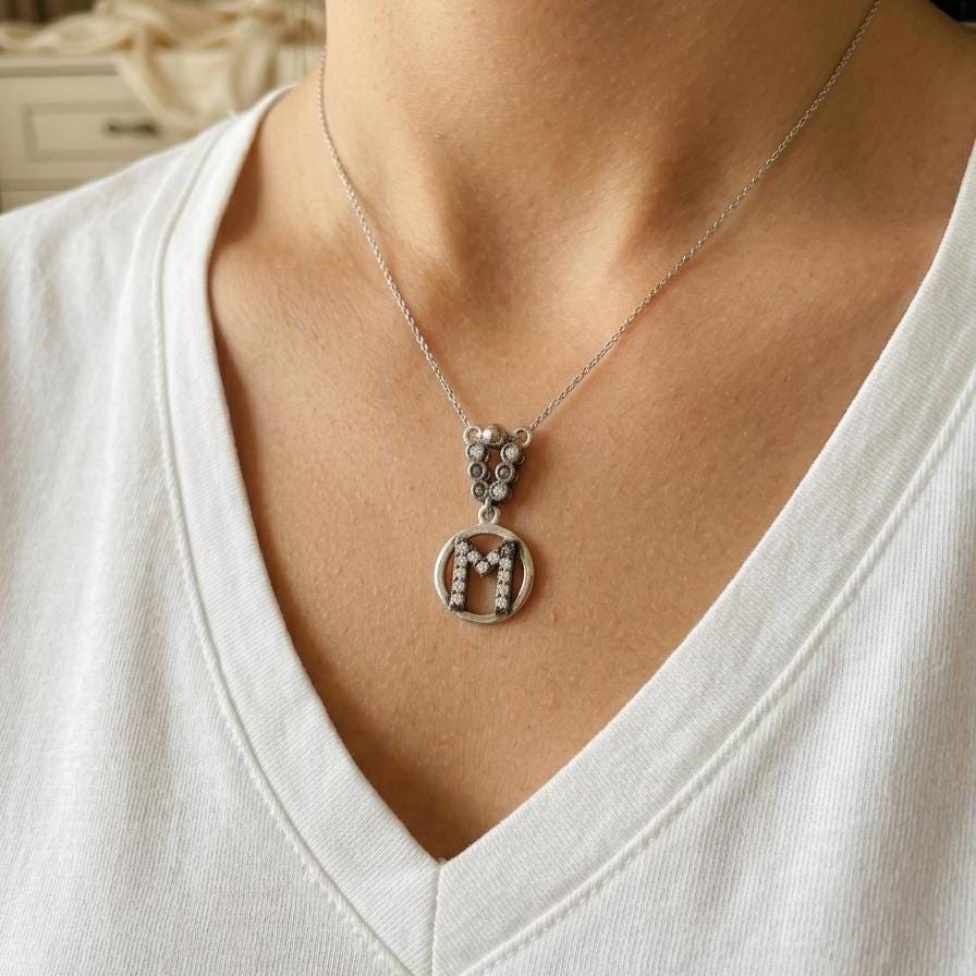 Sterling Silver Letter M Necklace - Personalized Zircon Initial Jewelry