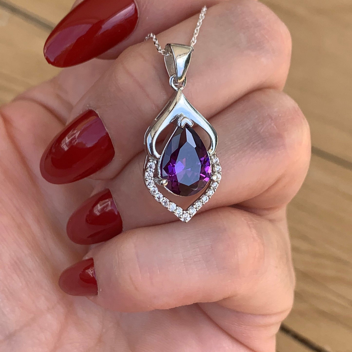 Pear Cut Amethyst Pendant Necklace in Sterling Silver - February Birthstone -