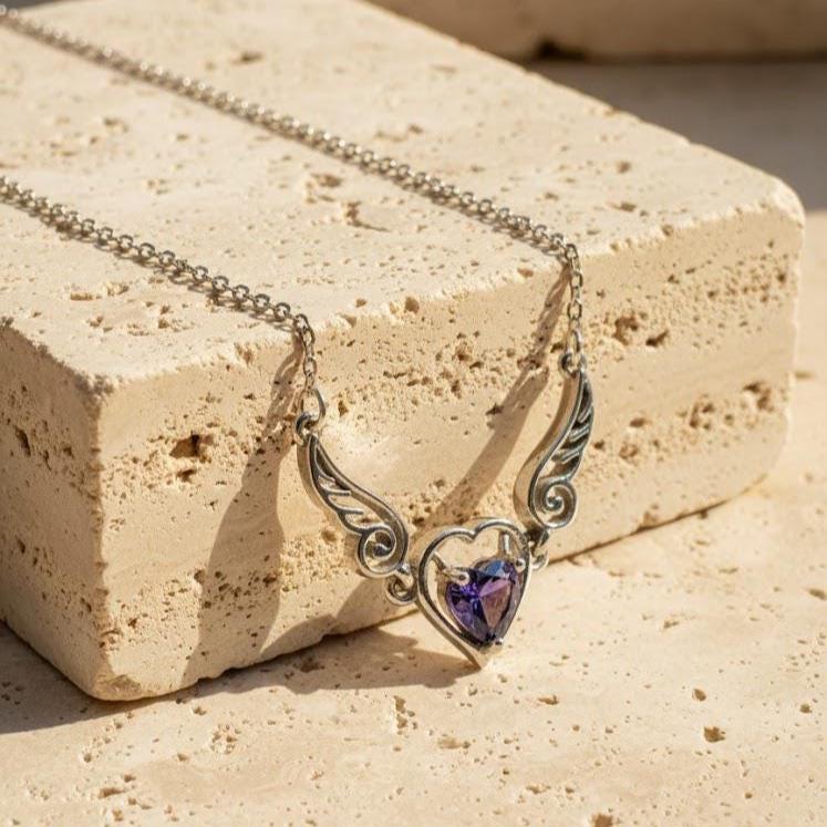 Amethyst Heart Necklace - Sterling Silver Angel Wing Pendant - February Birthstone Jewelry