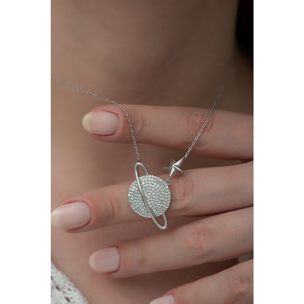 Celestial Charm-Sterling Silver Saturn Necklace with Sparkling Zircon Planet Pendant -Exclusive Gift for Her