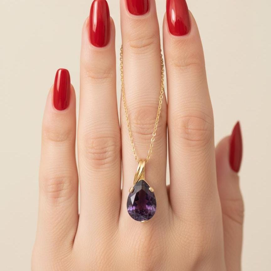 Gold Vermeil Amethyst Teardrop Necklace - February Birthstone Pendant - Dainty Jewelry