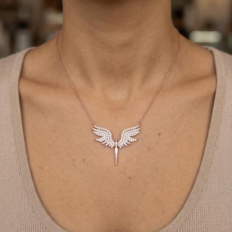 Archangel Wings Necklace in Rose Gold Vermeil - Sterling Silver St. Michael Charm