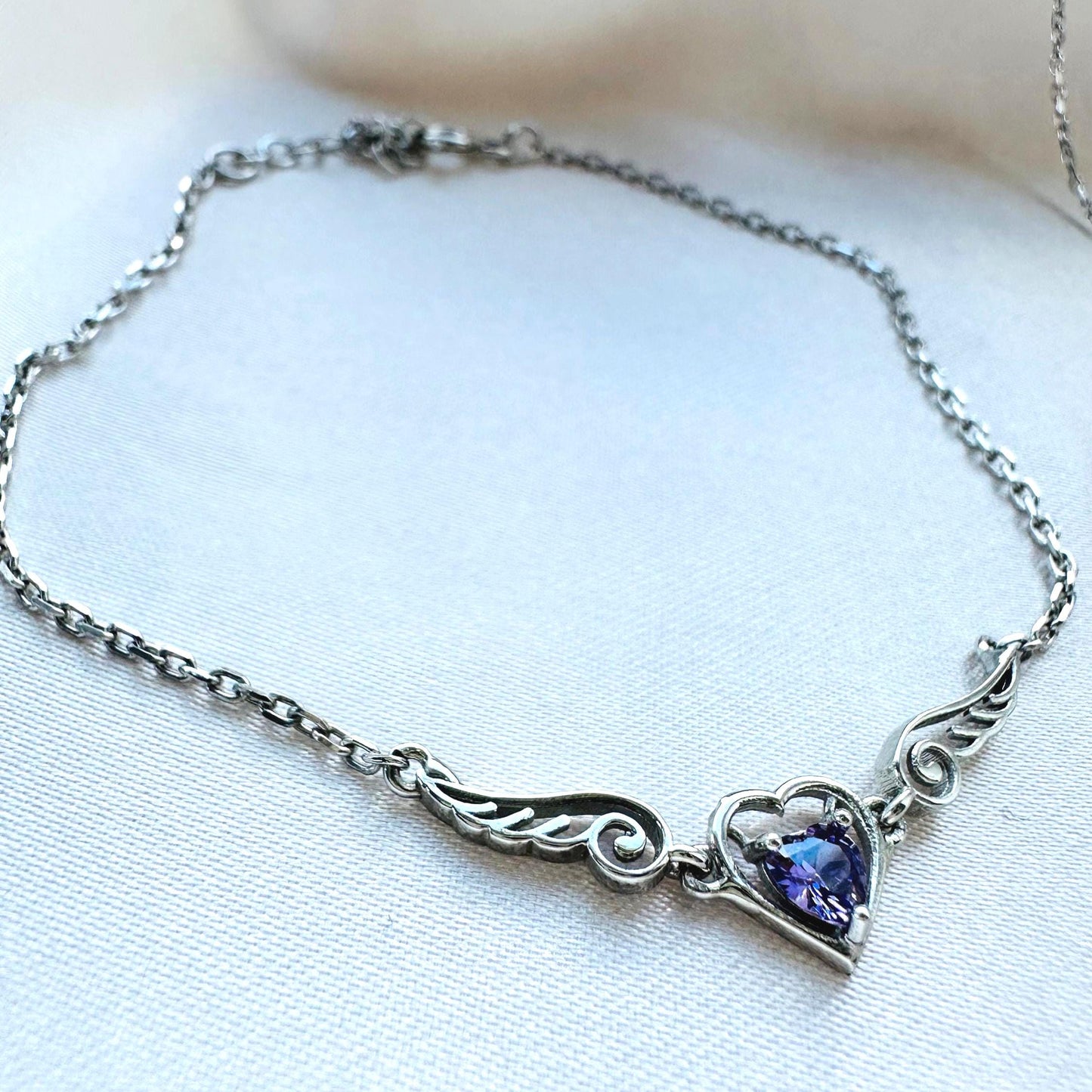 Amethyst Heart Necklace - Sterling Silver Angel Wing Pendant - February Birthstone Jewelry