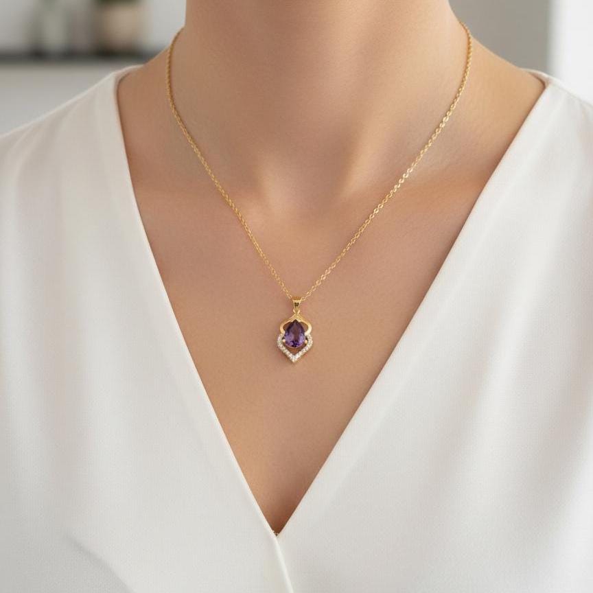 Gold Vermeil Amethyst Pendant Necklace -February Birthstone -