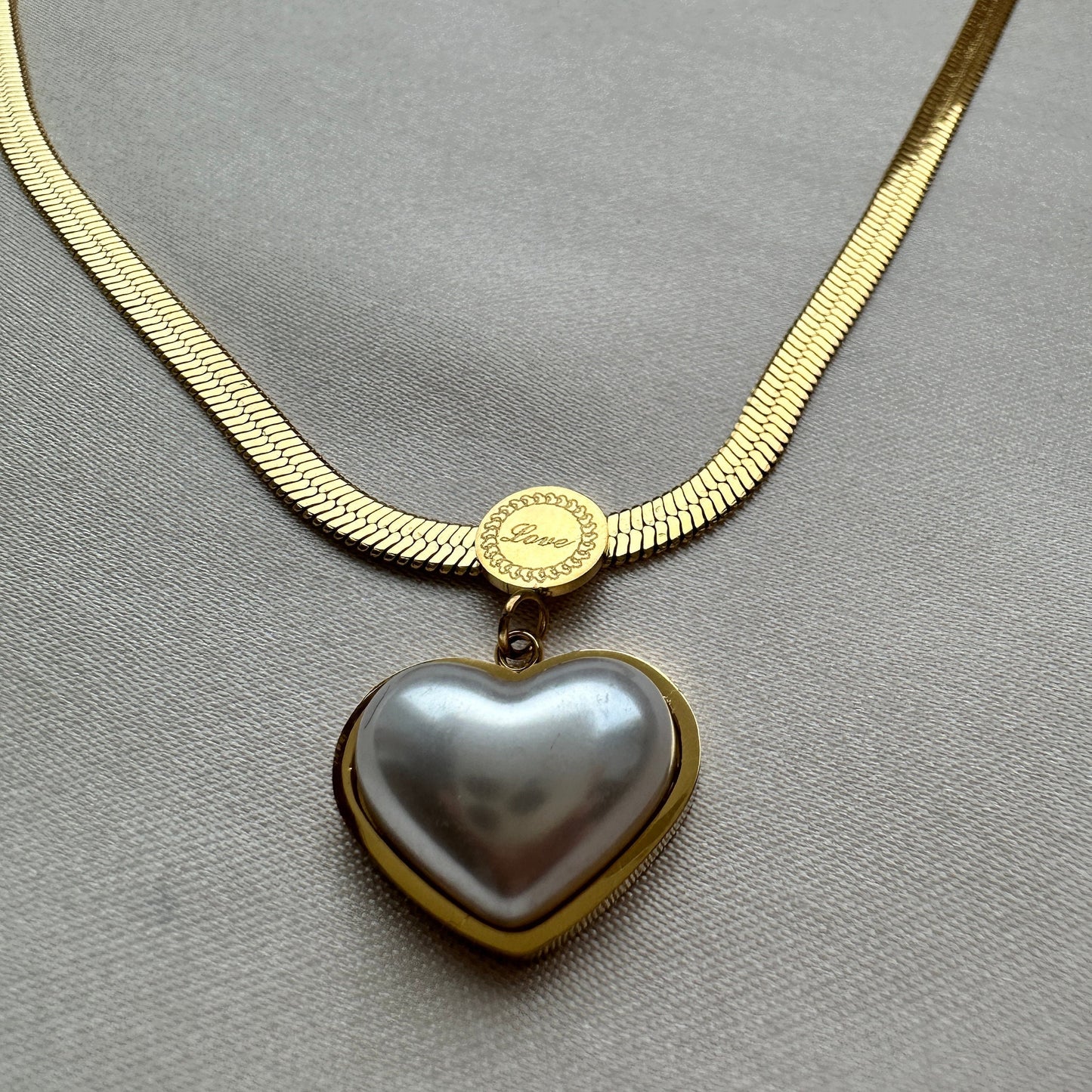 Gold Heart Necklace: Herringbone Chain, Gold