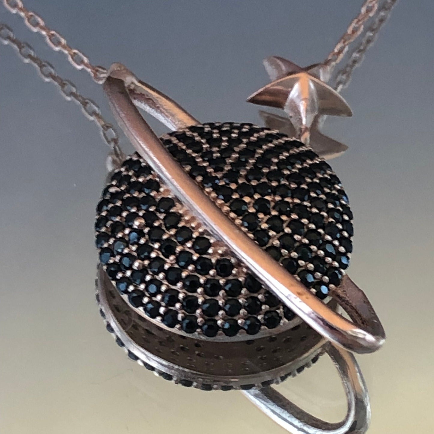 Black Zircon Saturn Necklace: Rose Gold Sterling Silver Galaxy Pendant