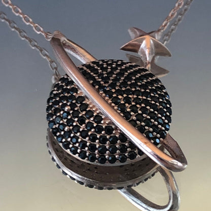 Black Zircon Saturn Necklace: Rose Gold Sterling Silver Galaxy Pendant