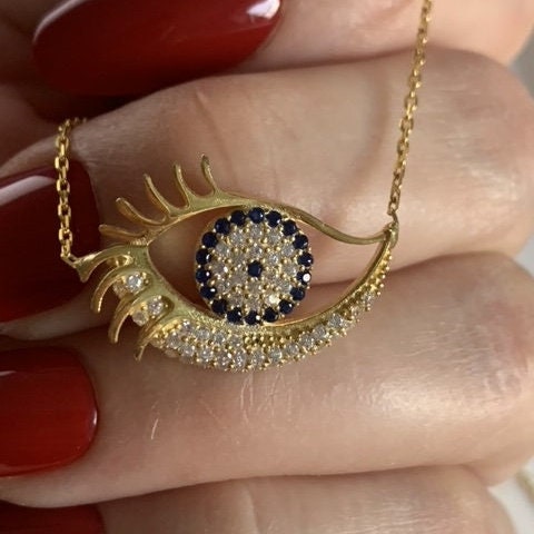 Gold Vermeil Evil Eye Necklace -  Sterling Silver Dainty Zircon Pendant - Gift For Her
