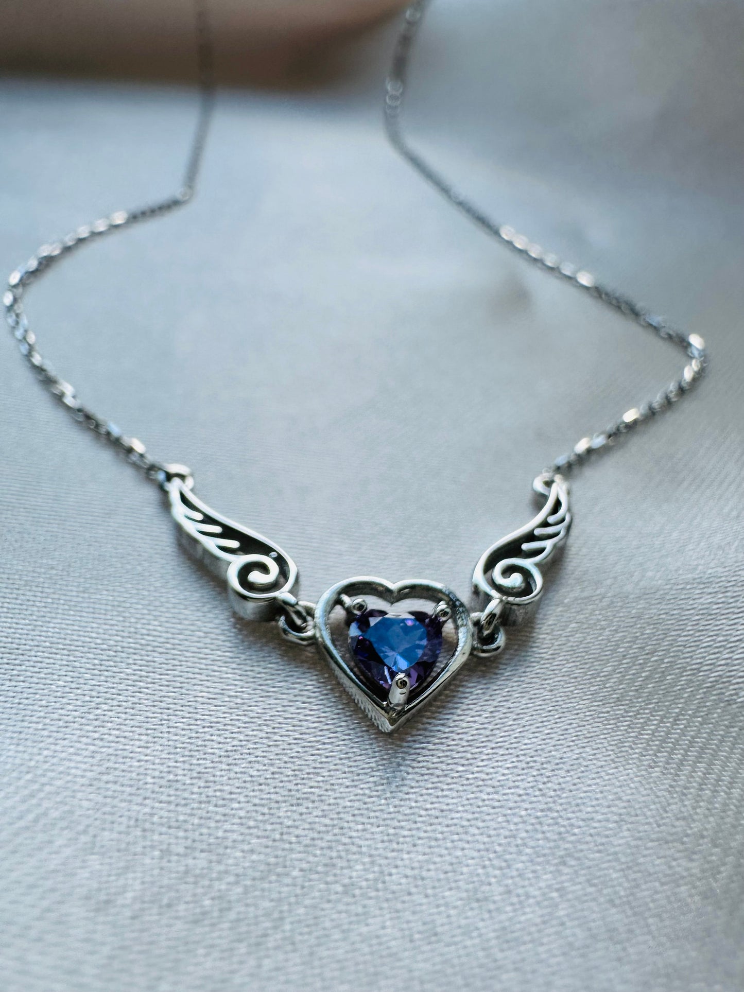 Amethyst Heart Necklace - Sterling Silver Angel Wing Pendant - February Birthstone Jewelry
