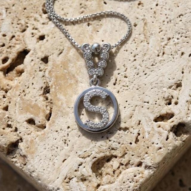Custom Sterling Silver S Initial Necklace | Zircon Letter Pendant