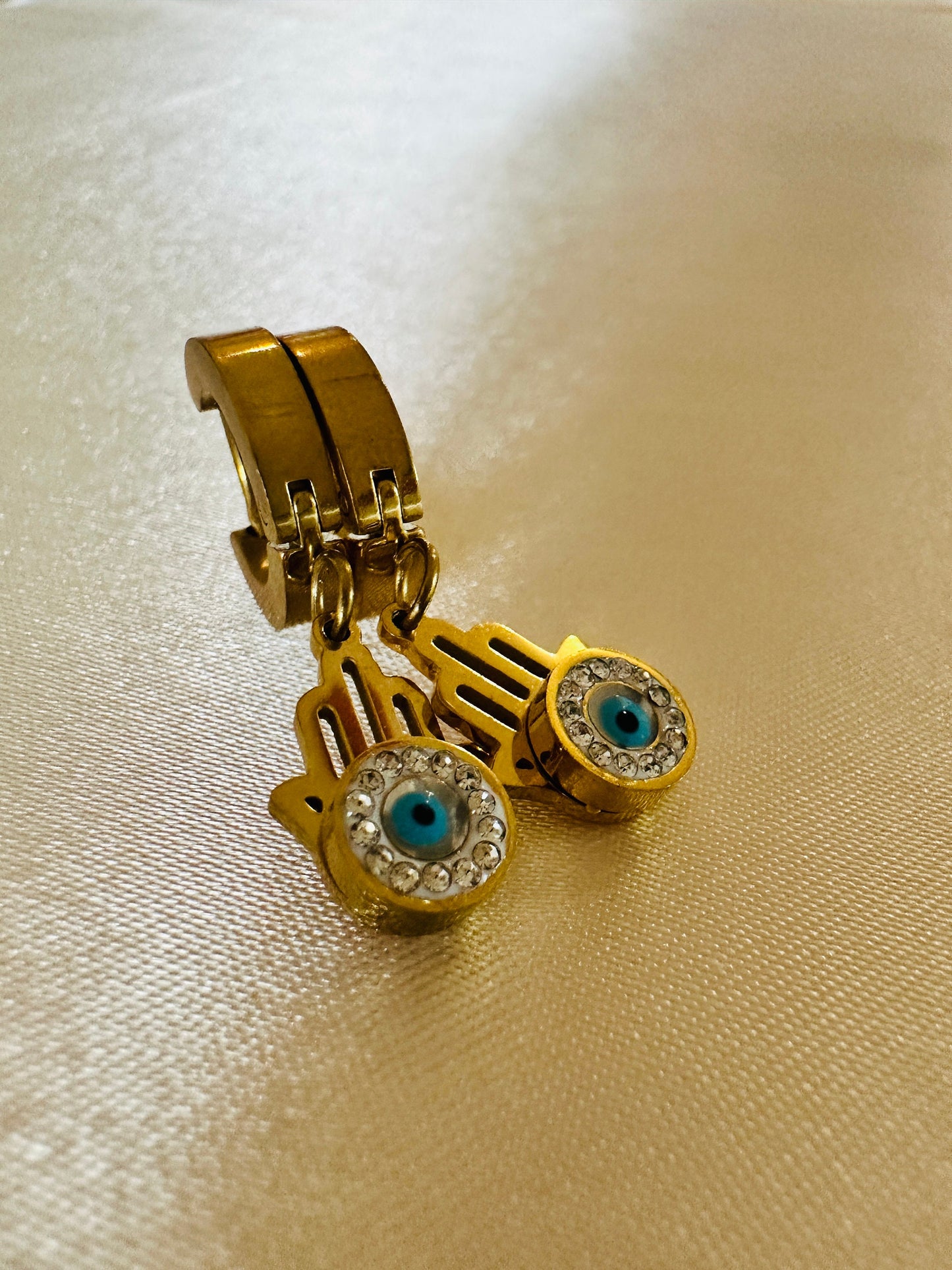 Gold Hamsa Hand Evil Eye Earrings: 18K Plated Stainless Steel
