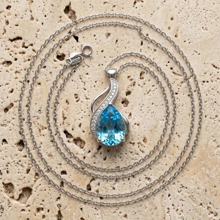 Aquamarine Teardrop Necklace – Sterling Silver March Birthstone Pendant - Gift For Her