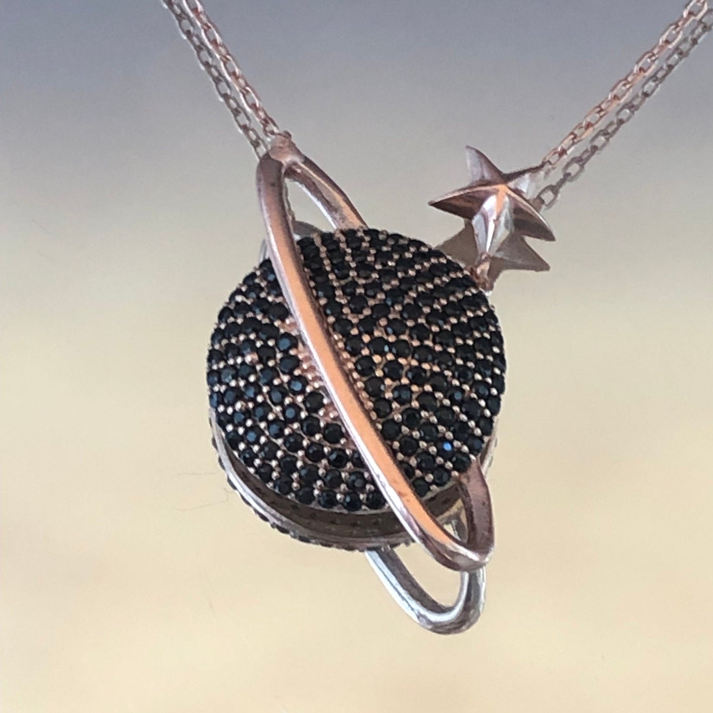 Black Zircon Saturn Necklace: Rose Gold Sterling Silver Galaxy Pendant