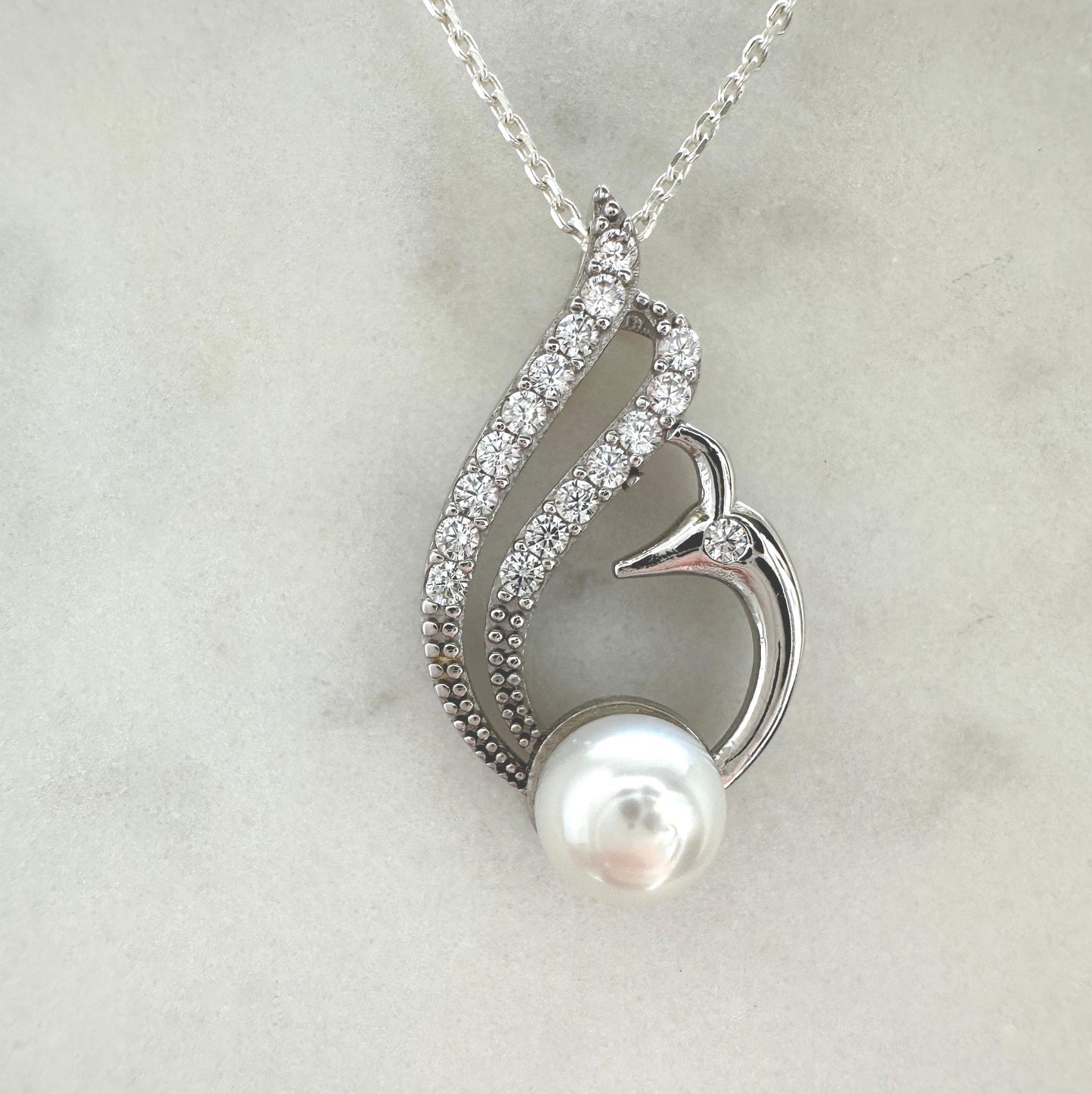 Swan Pearl Silver Necklace - June Birthstone Pendant Gift for Her