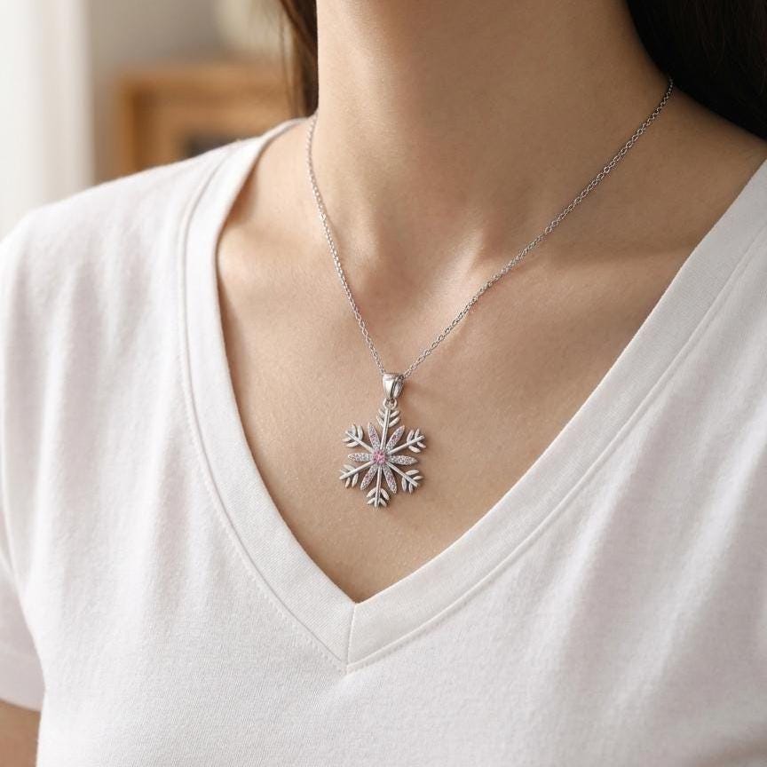 Sterling Silver Snowflake Necklace- Zircon Winter Pendant