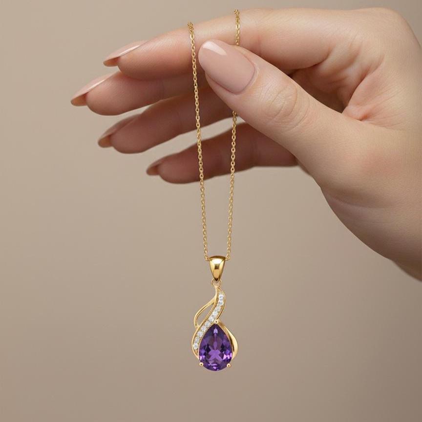 February Birthstone Necklace – Gold Vermeil Amethyst Teardrop Pendant