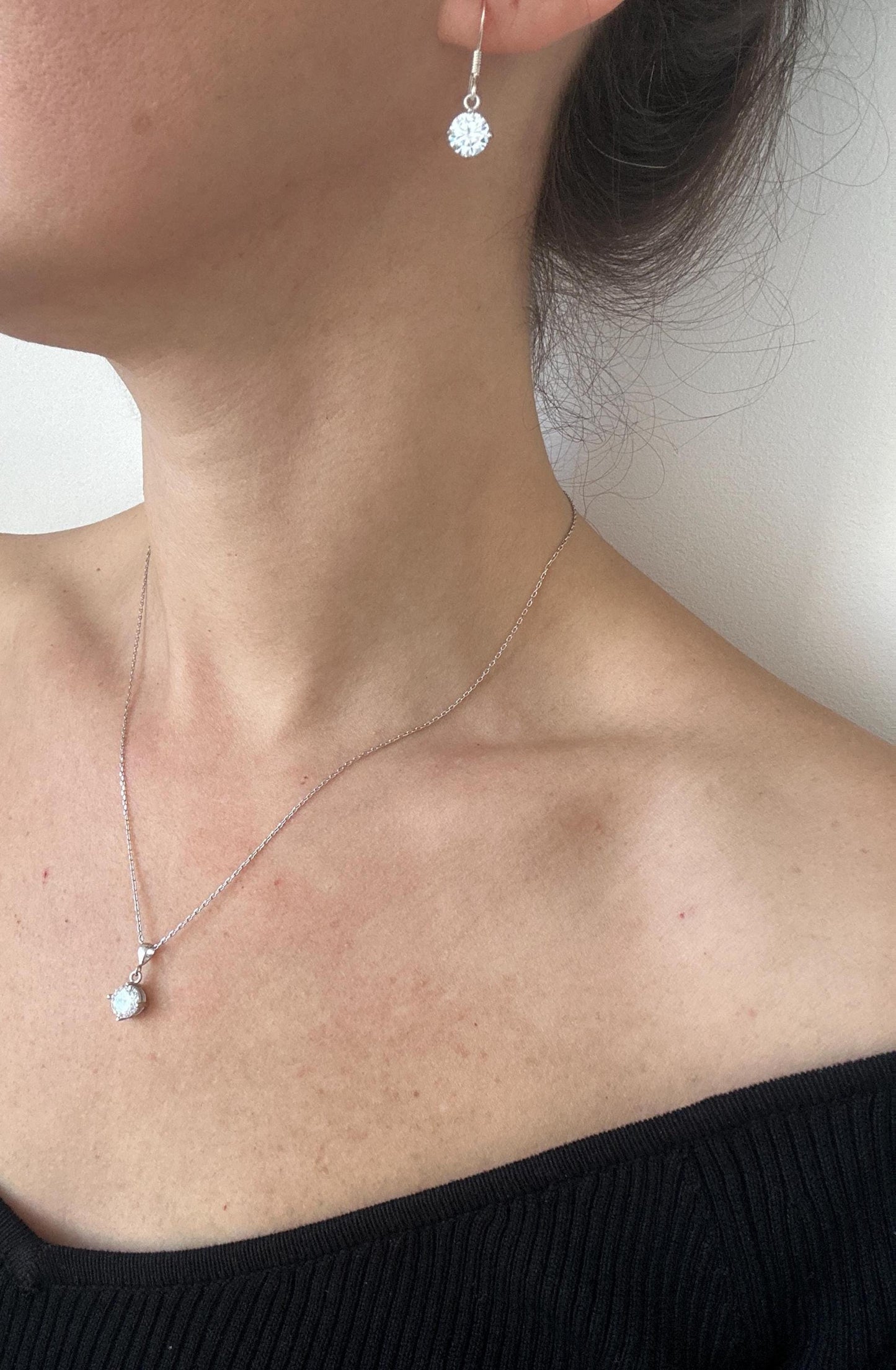 Sterling Silver Cubic Zirconia Solitaire Necklace & Earrings Set