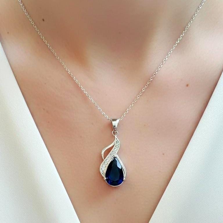 Royal Blue Sapphire Teardrop Pendant – Sterling Silver September Birthstone