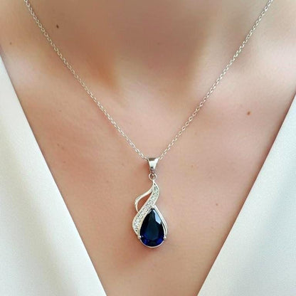 Royal Blue Sapphire Teardrop Pendant – Sterling Silver September Birthstone