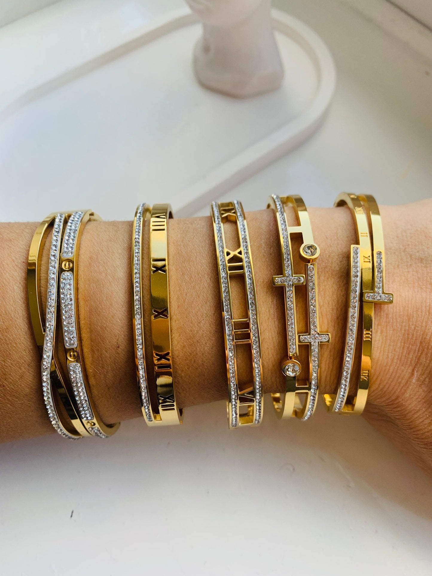 Gold Cross Bangle: Gold Stainless Steel