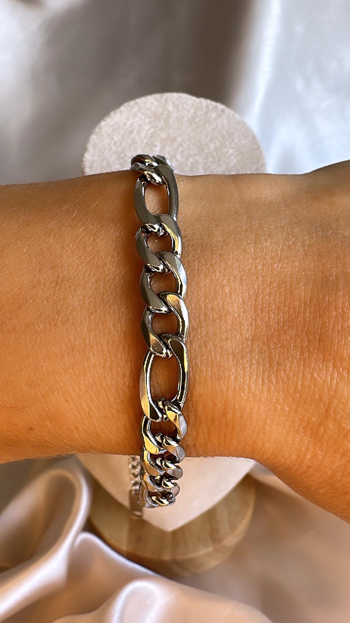 Figaro Silver Chain Bracelet: Stainless Steel, Anti-Tarnish