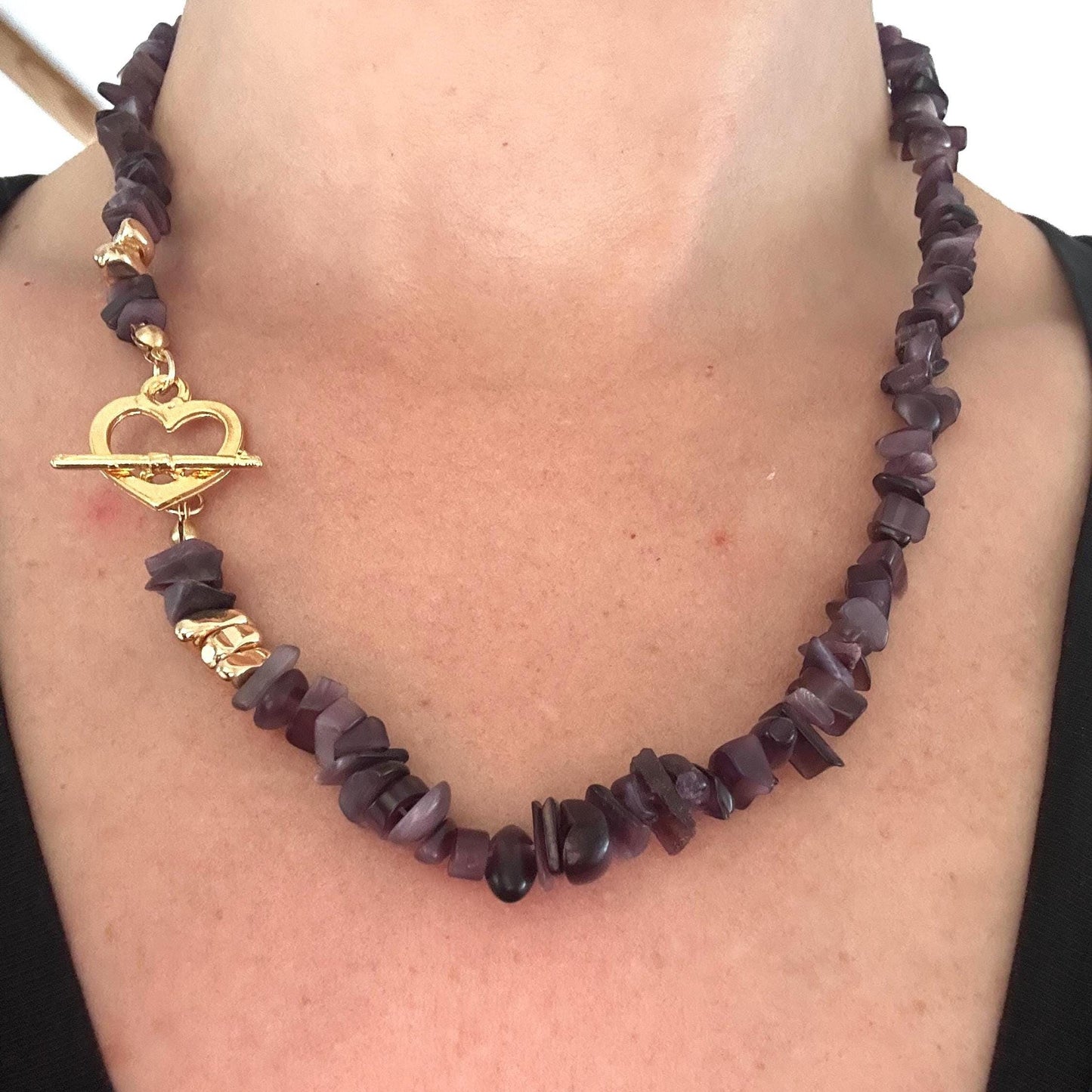 Handmade Raw Amethyst Chip Necklace - Gold Heart Clasp Design