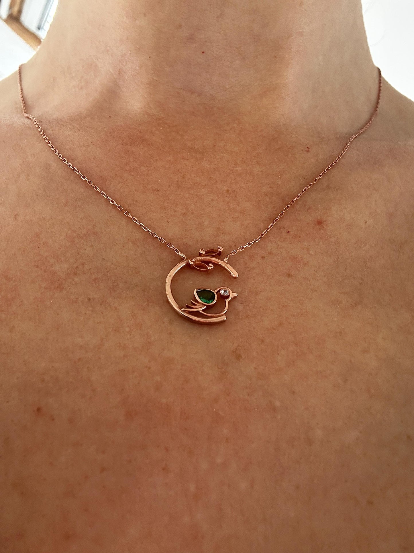Rose Gold Vermeil Emerald Bird Necklace - May Birthstone Pendant