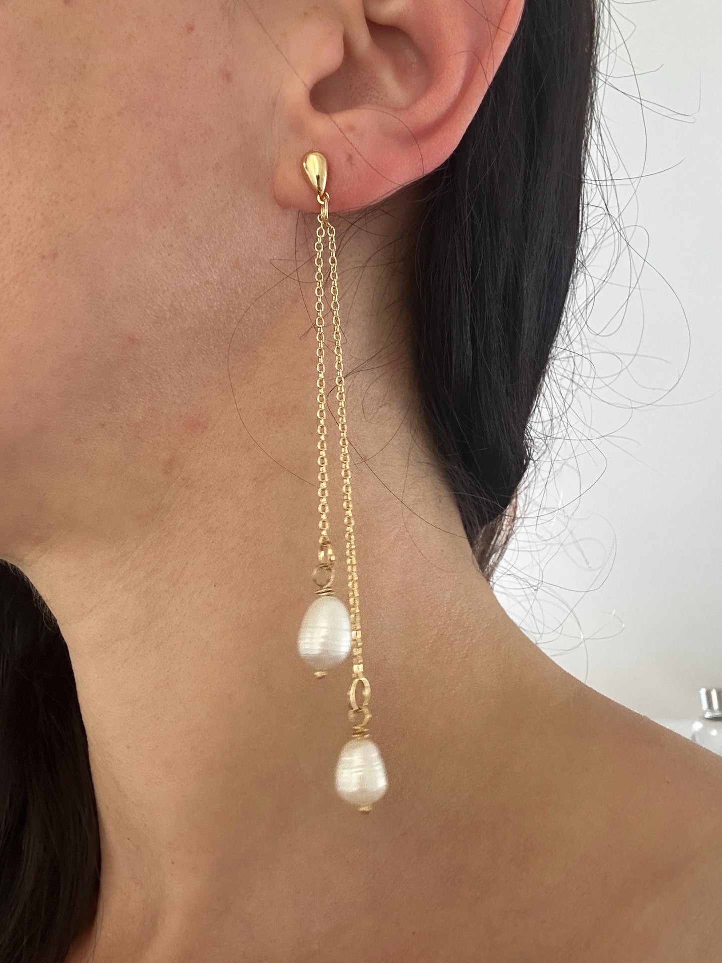 Handmade Pearl Drop Earrings: Gold Stainless Steel Hoops