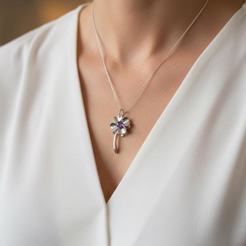Amethyst Floral Pendant - Sterling Silver Nature Necklace-February Birthstone Jewelry Gift