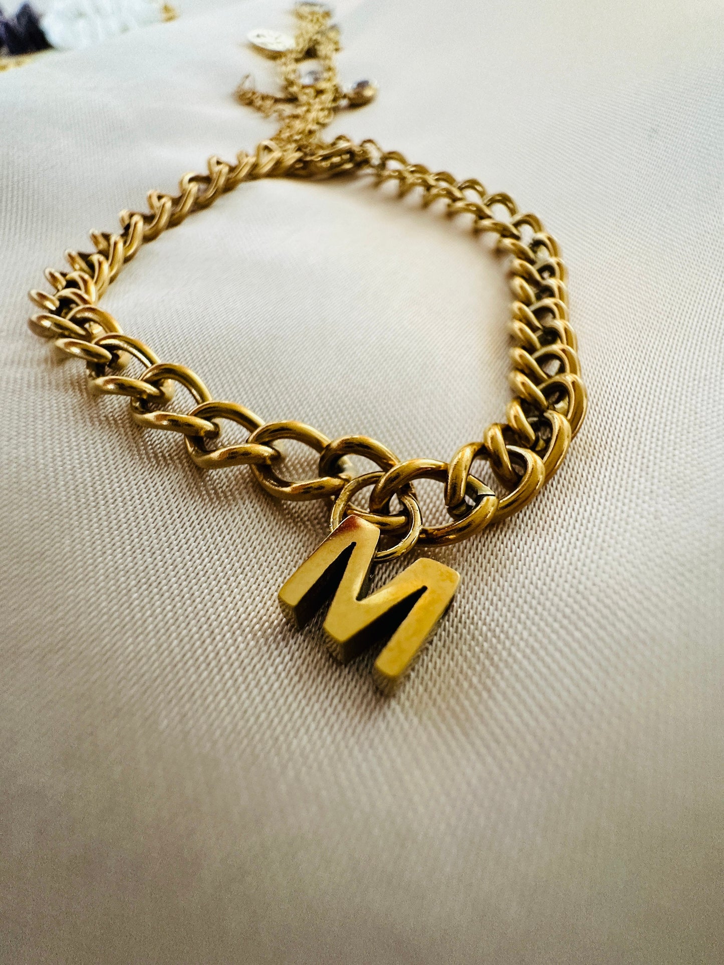 Gold Initial Bracelet: Personalized Letter Charm, Stainless Steel Curb Chain