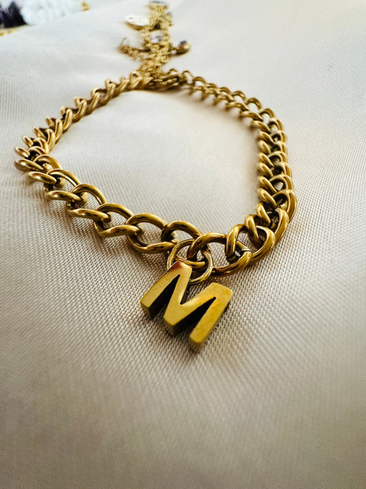 Gold Initial Bracelet: Personalized Letter Charm, Stainless Steel Curb Chain