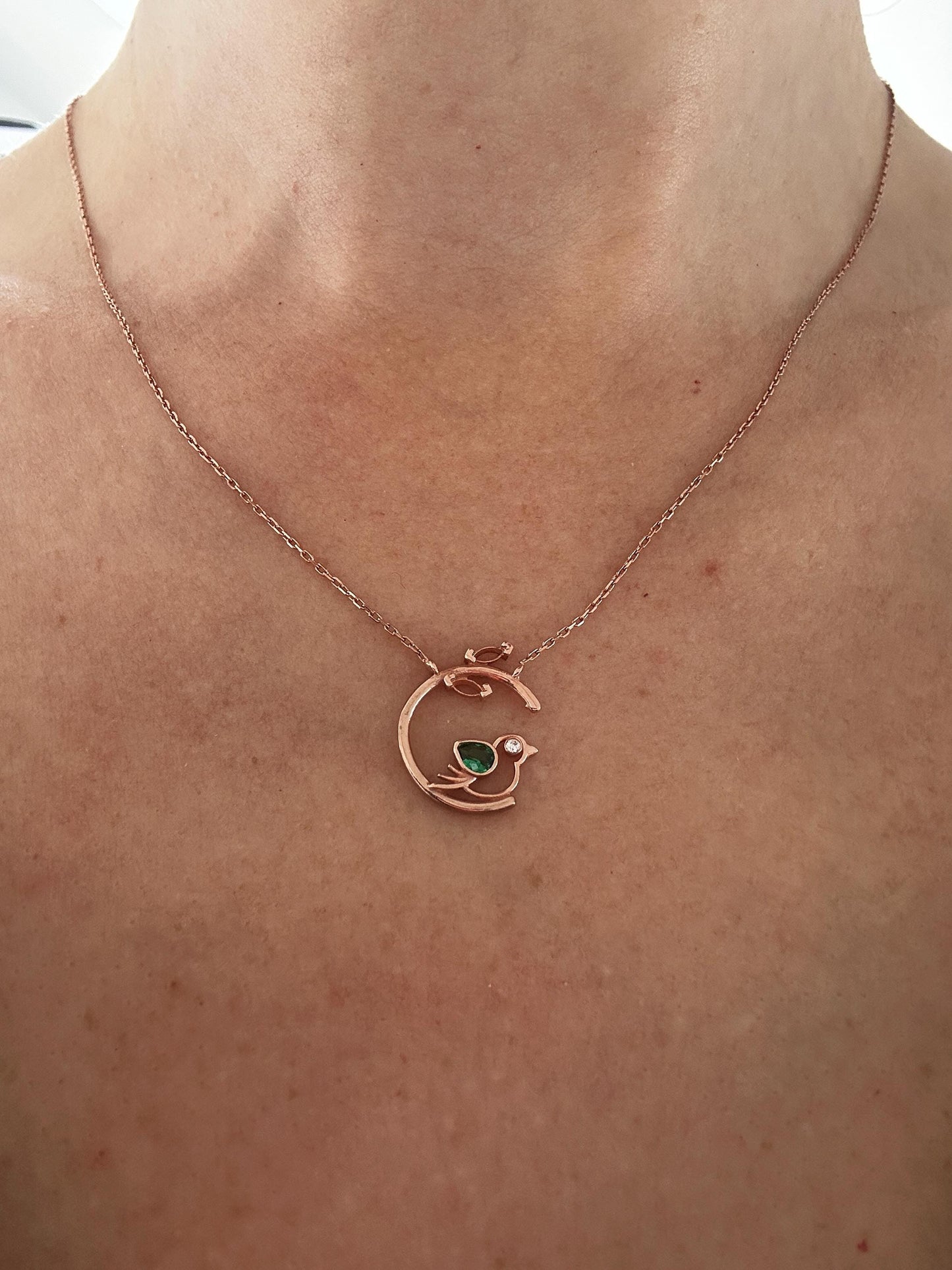 Rose Gold Vermeil Emerald Bird Necklace - May Birthstone Pendant