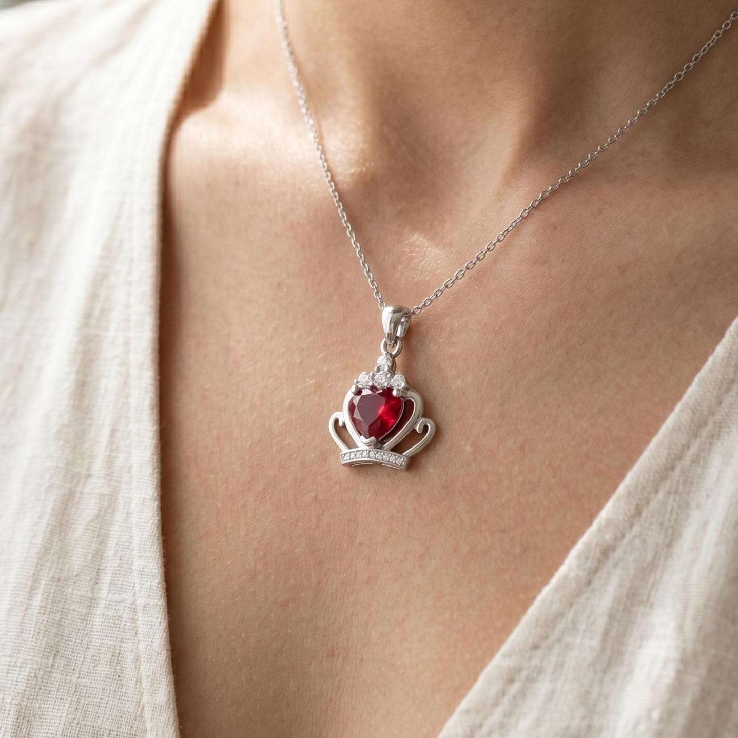 Red Crown Zircon Necklace - Elegant Garnet Birthstone Jewelry