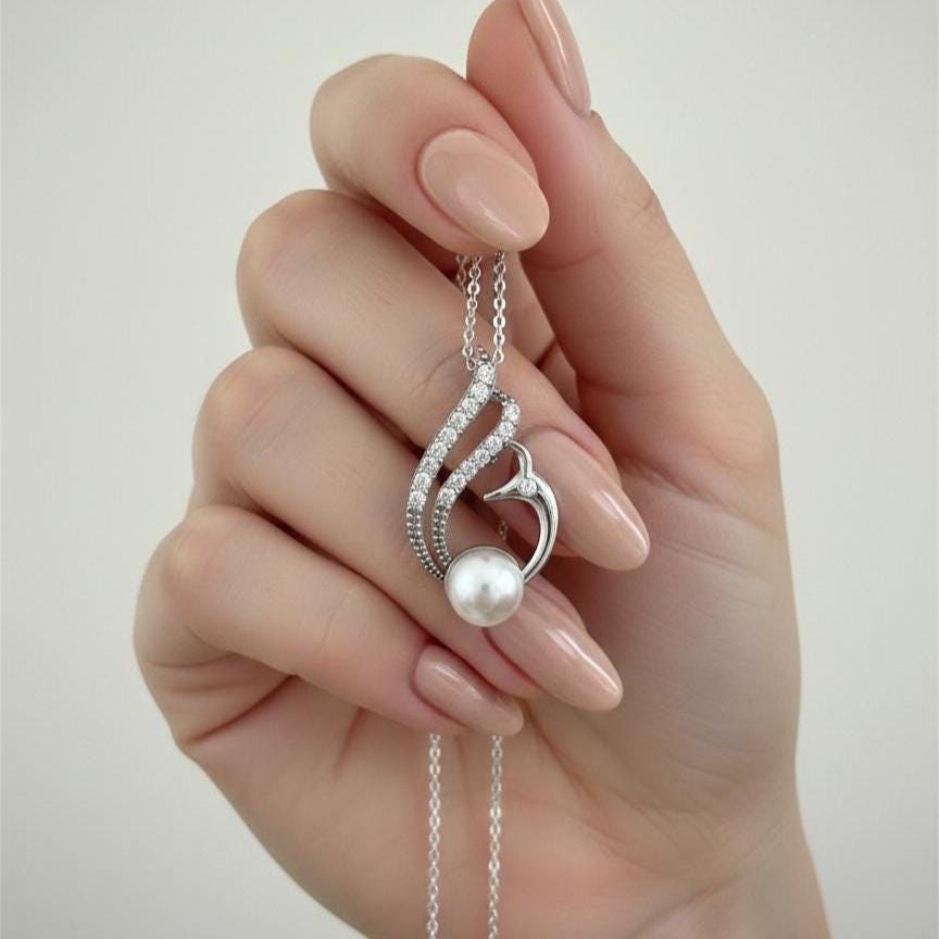 Swan Pearl Silver Necklace - June Birthstone Pendant Gift for Her