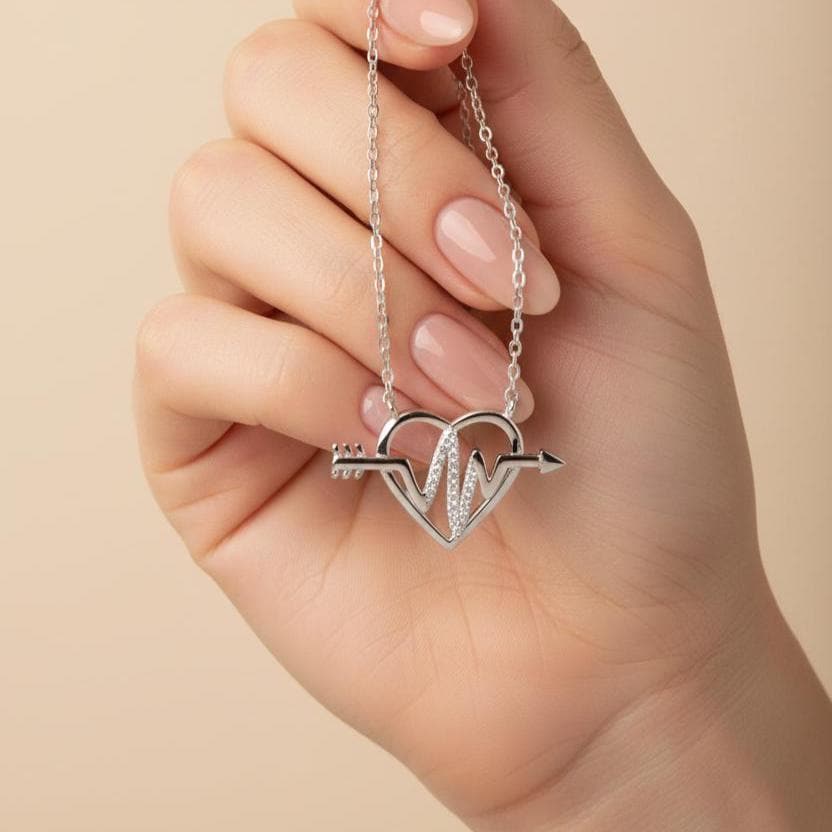 Sterling Silver Heartbeat Pendant Necklace with Glittering Zircon -