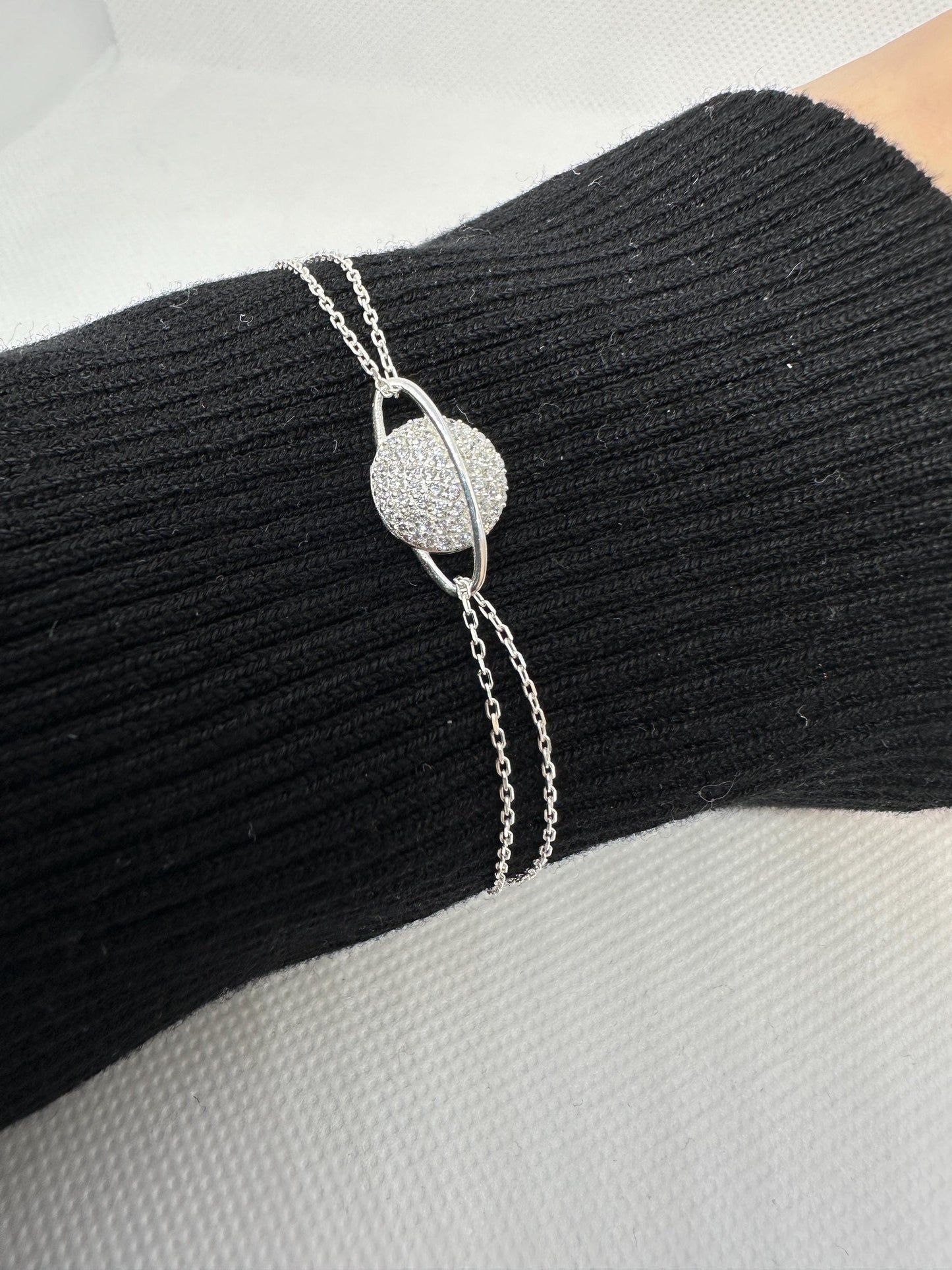 Celestial Planet Sterling Silver Bracelet - Handmade Zircon Jewelry