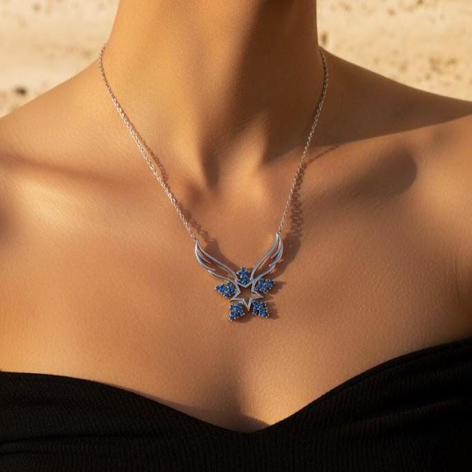 Sapphire Angel Wings Snowflake Necklace - Sterling Silver September Birthstone