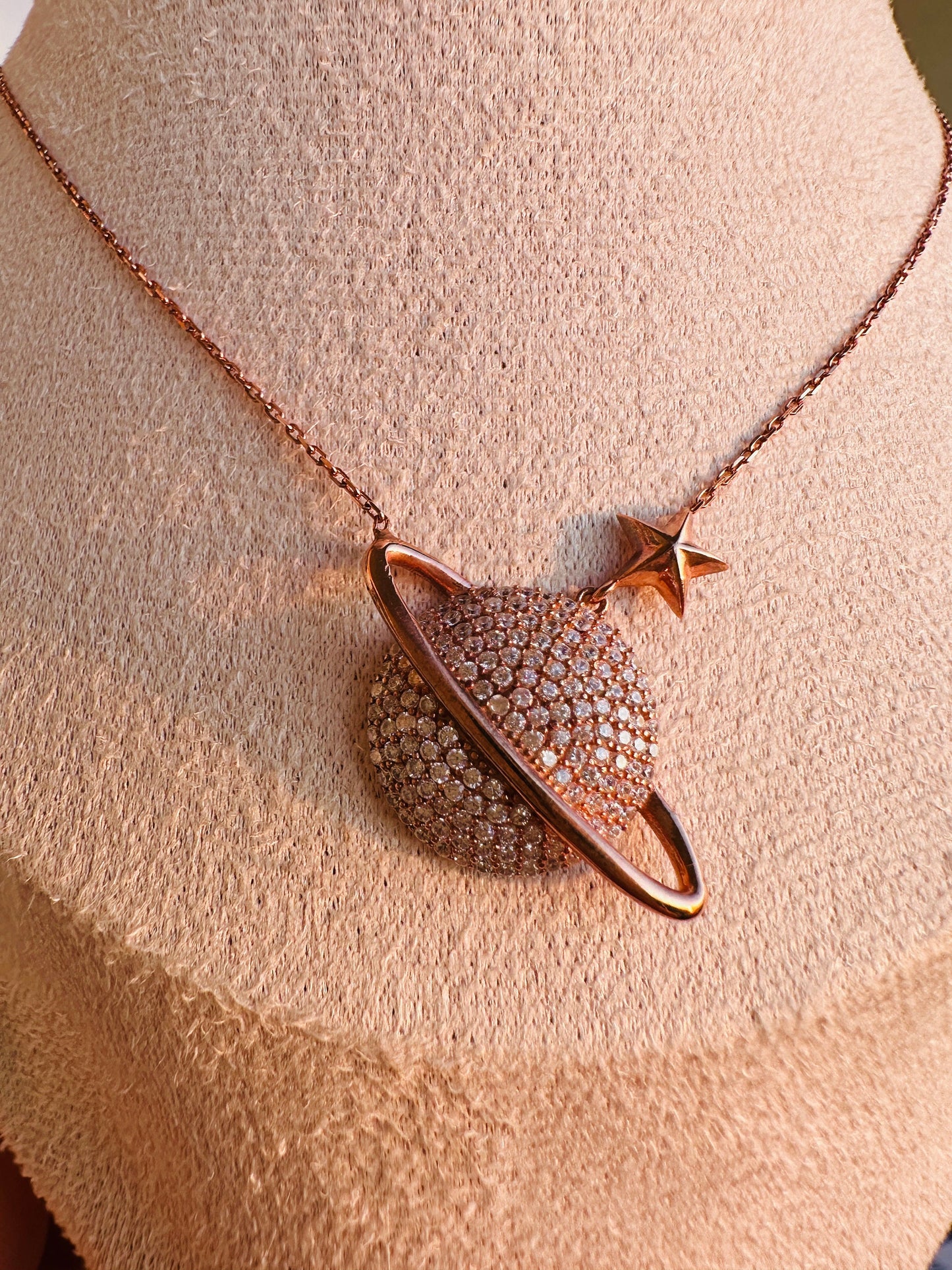 Sterling Silver Planet Pendant, Saturn Necklace in Rose Gold, Celestial Charm, Space Necklace,Exclusive Gift for Her