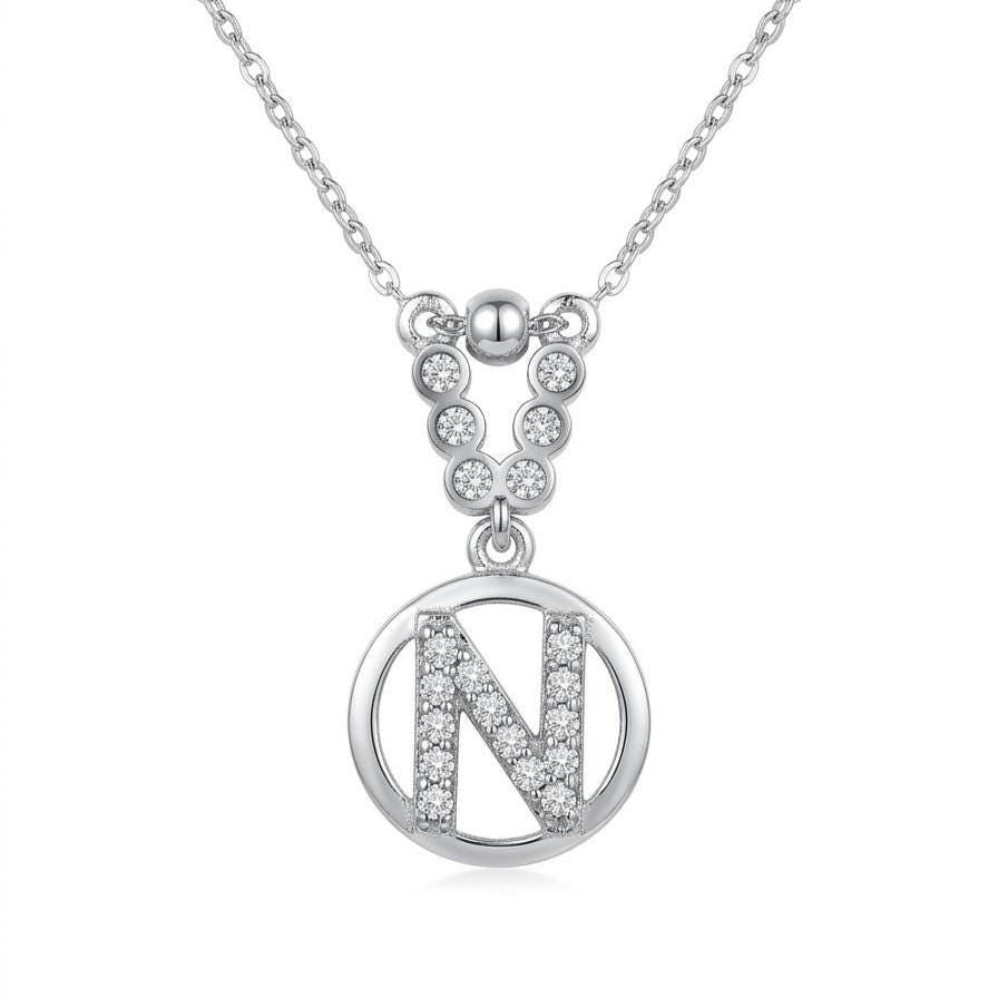 Custom Sterling Silver N Initial Necklace with Zircon Gem - Personalized Letter Jewelry