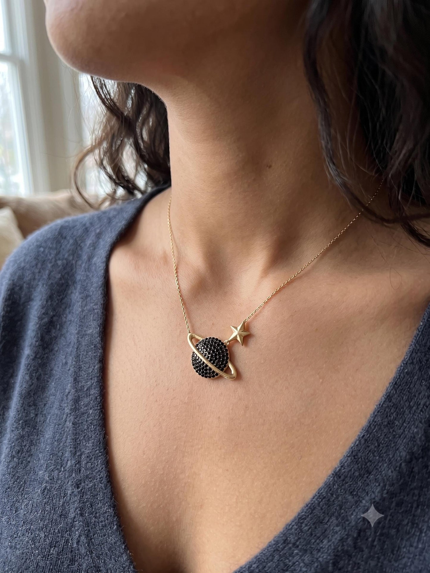 Chic Gold Vermeil Saturn Necklace - Sterling Silver Planet with Black Zircon