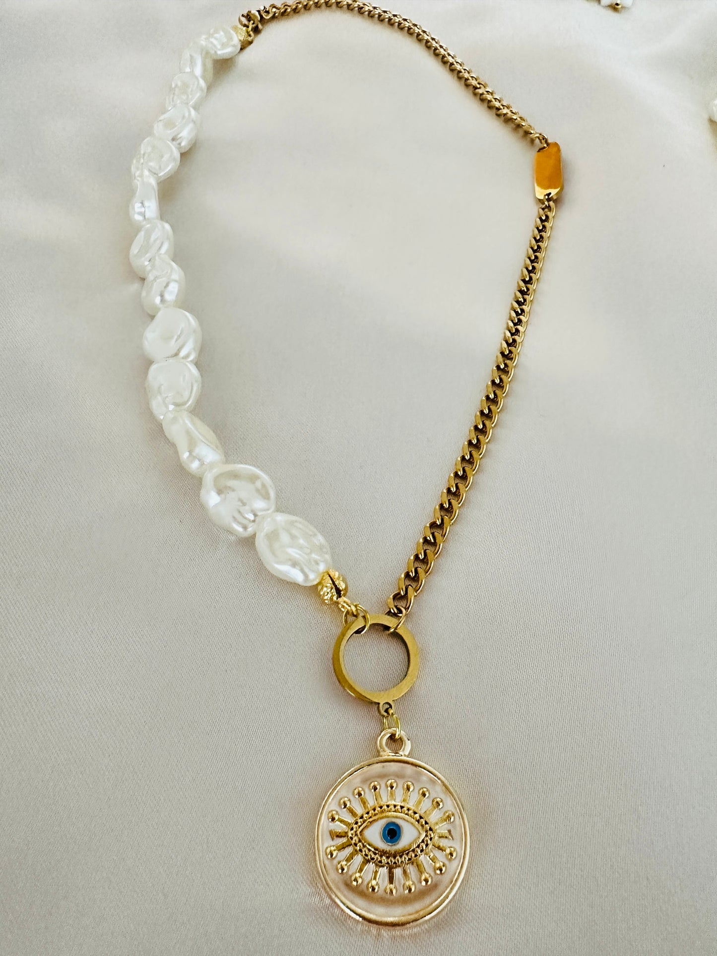 White Evil Eye & Pearl Necklace