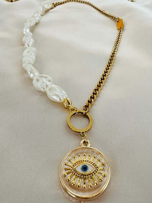 White Evil Eye & Pearl Necklace