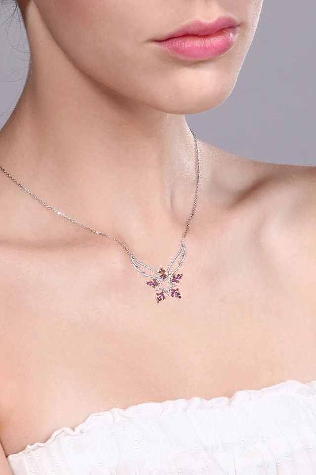 Pink Stone Angel Wing & Snowflake Necklace